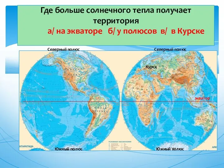 Где больше солнечного тепла получает территория а/ на экваторе б/ у