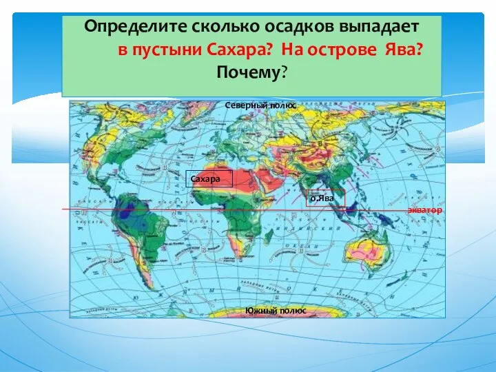 Определите сколько осадков выпадает в пустыни Сахара? На острове Ява? Почему?