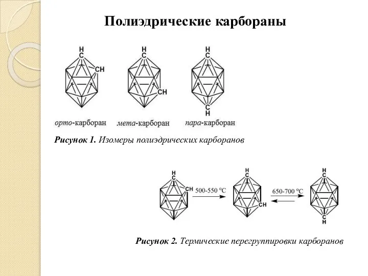 Полиэдрические карбораны Рисунок 1. Изомеры полиэдрических карборанов Рисунок 2. Термические перегруппировки карборанов