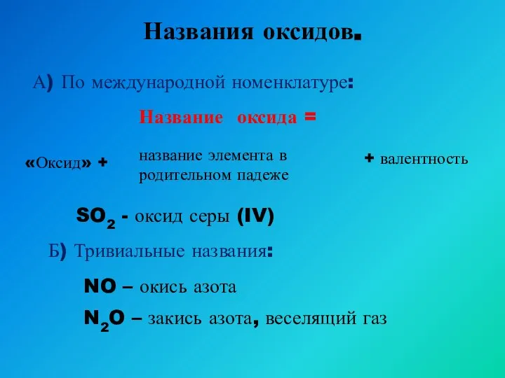 Названия оксидов. А) По международной номенклатуре: Название оксида = «Оксид» +