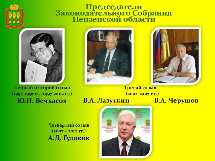 Первый и второй созыв (1994-1997 гг., 1997-2002 гг.) Ю.И. Вечкасов Председатели