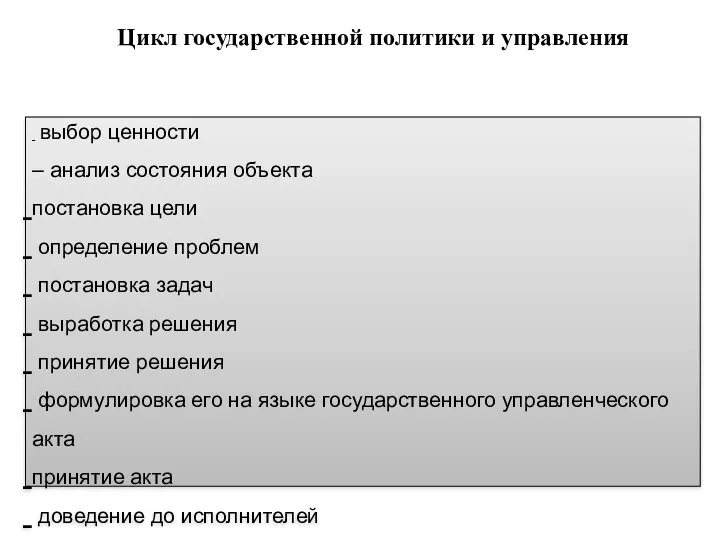 - выбор ценности – анализ состояния объекта постановка цели определение проблем