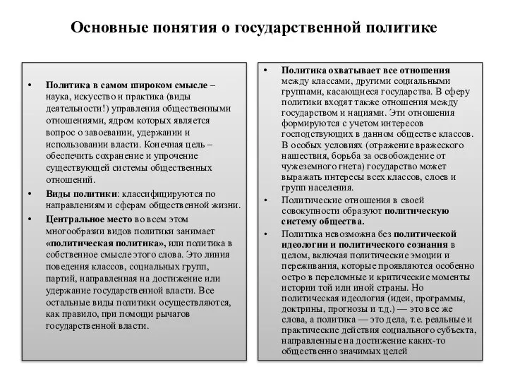 Основные понятия о государственной политике Политика в самом широком смысле –