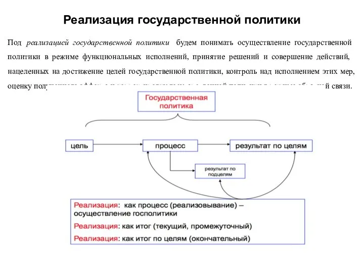 Реализация государственной политики Под реализацией государственной политики будем понимать осуществление государственной