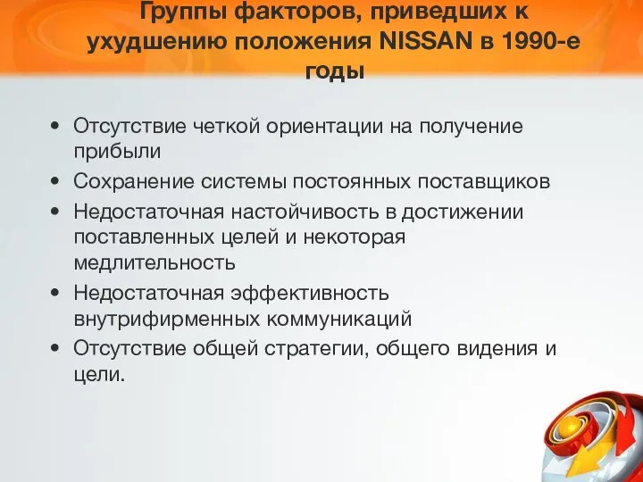 Группы факторов, приведших к ухудшению положения NISSAN в 1990-е годы Отсутствие