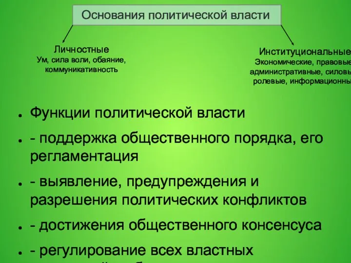 Основания политической власти Функции политической власти - поддержка общественного порядка, его