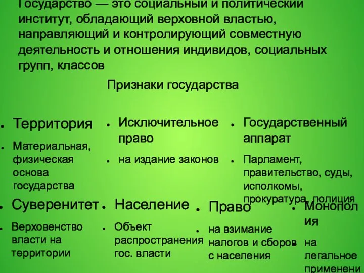 Государство — это социальный и политический институт, обладающий верховной властью, направляющий