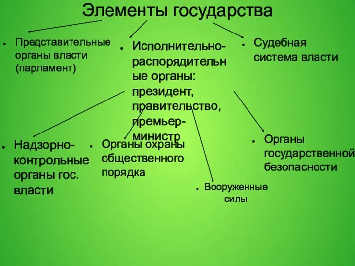 Элементы государства Представительные органы власти (парламент) Исполнительно-распорядительные органы: президент, правительство, премьер-министр