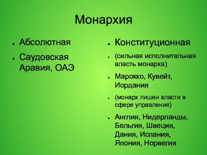 Монархия Абсолютная Саудовская Аравия, ОАЭ Конституционная (сильная исполнительная власть монарха) Марокко,