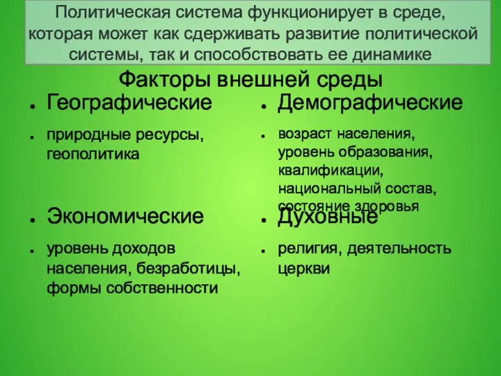 Политическая система функционирует в среде, которая может как сдерживать развитие политической