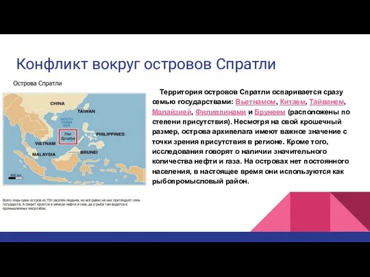 Конфликт вокруг островов Спратли Территория островов Спратли оспаривается сразу семью государствами: