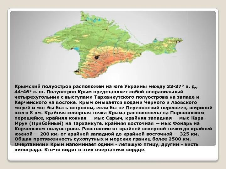 Крымский полуостров расположен на юге Украины между 33-37° в. д., 44-46°