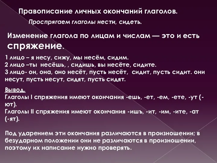 Правописание личных окончаний глаголов. Проспрягаем глаголы нести, сидеть. Вывод. Глаголы I