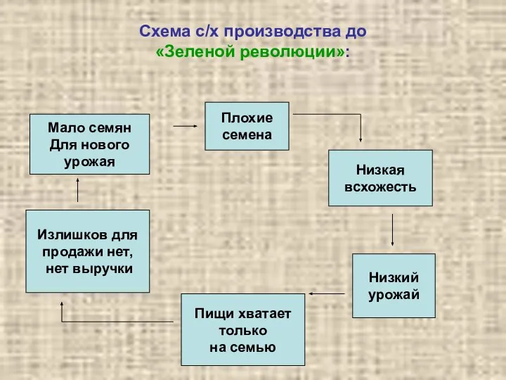 Плохие семена Низкая всхожесть Низкий урожай Пищи хватает только на семью