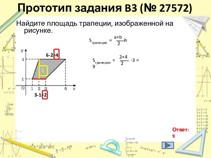 Прототип задания B3 (№ 27572) Найдите площадь трапеции, изображенной на рисунке.