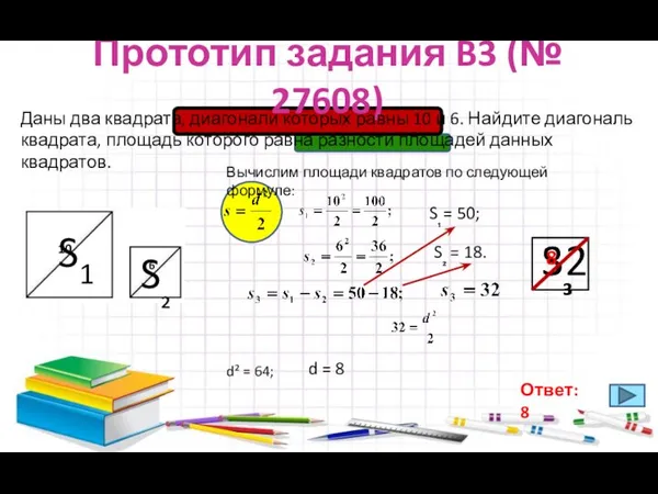 Прототип задания B3 (№ 27608) Даны два квадрата, диагонали которых равны