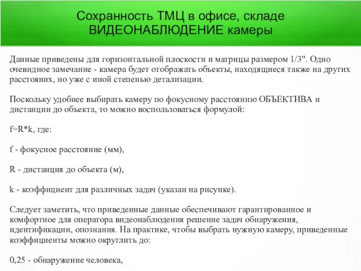 Сохранность ТМЦ в офисе, складе ВИДЕОНАБЛЮДЕНИЕ камеры Данные приведены для горизонтальной