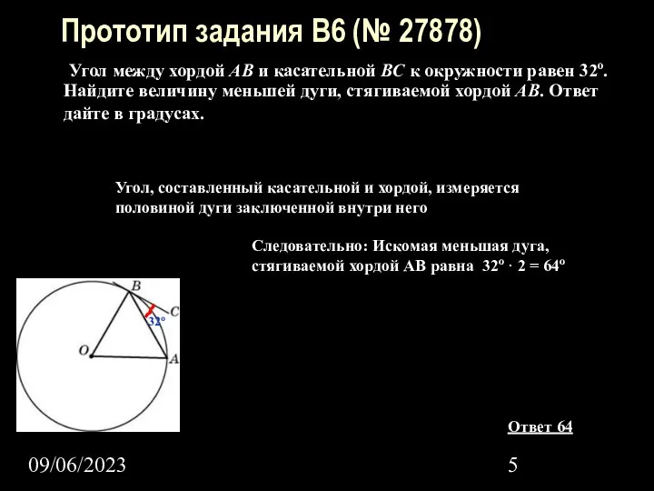 09/06/2023 Прототип задания B6 (№ 27878) Угол между хордой AB и