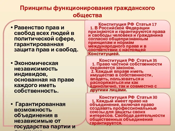 Принципы функционирования гражданского общества Равенство прав и свобод всех людей в