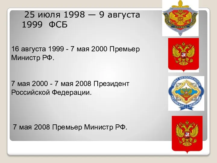 25 июля 1998 — 9 августа 1999 ФСБ 16 августа 1999