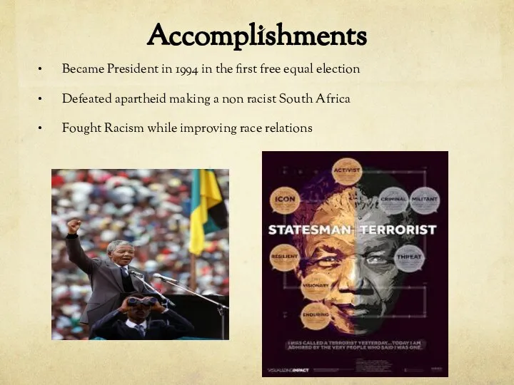 Accomplishments Became President in 1994 in the first free equal election