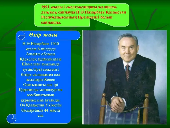 1991 жылы 1-желтоқсандағы жалпыха-лықтық сайлауда Н.Ә.Назарбаев Қазақстан Республикасының Президенті болып сайланды.
