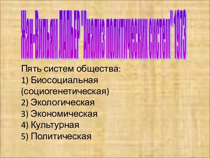 Жан-Вильям ЛАПЬЕР "Анализ политических систем" 1973 Пять систем общества: 1) Биосоциальная