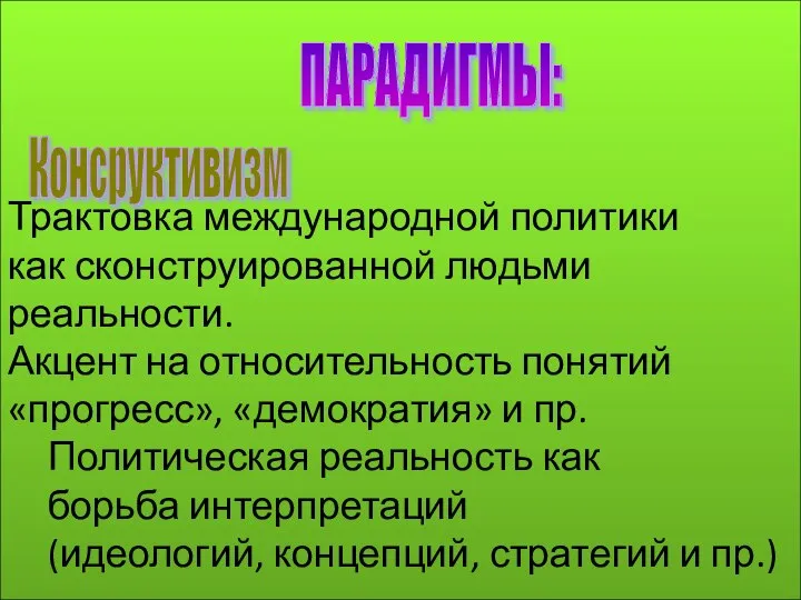 Трактовка международной политики как сконструированной людьми реальности. Акцент на относительность понятий