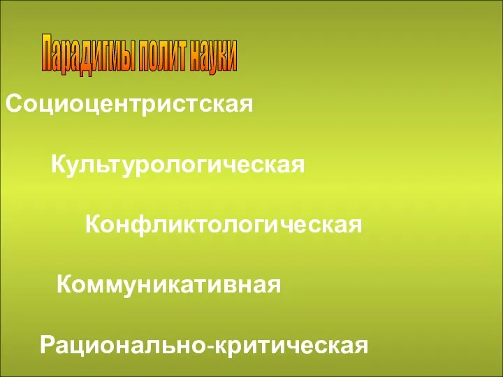 Парадигмы полит науки Социоцентристская Культурологическая Конфликтологическая Коммуникативная Рационально-критическая