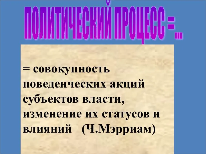 ПОЛИТИЧЕСКИЙ ПРОЦЕСС =... = совокупность поведенческих акций субъектов власти, изменение их статусов и влияний (Ч.Мэрриам)