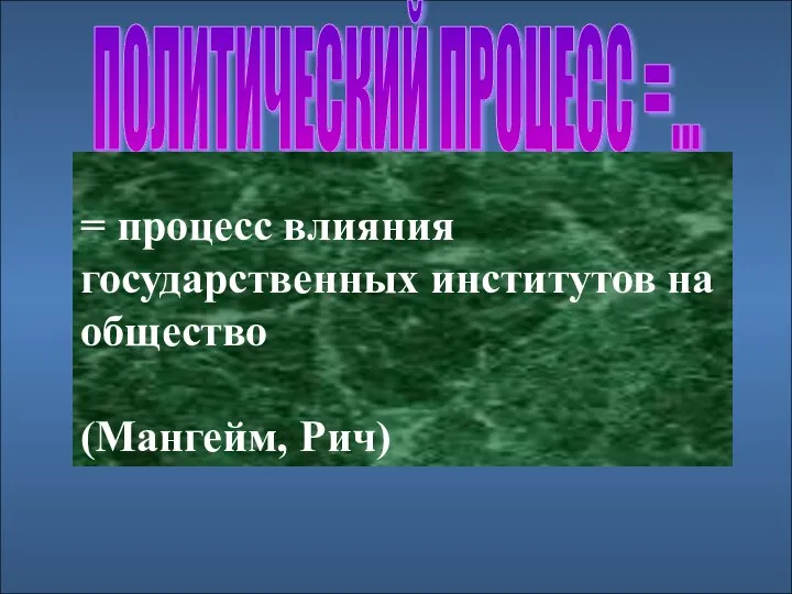 ПОЛИТИЧЕСКИЙ ПРОЦЕСС =... = процесс влияния государственных институтов на общество (Мангейм, Рич)