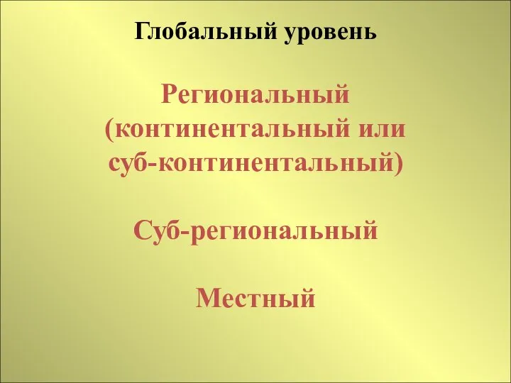 Глобальный уровень Региональный (континентальный или суб-континентальный) Суб-региональный Местный