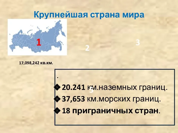 Крупнейшая страна мира . 20.241 км.наземных границ. 37,653 км.морских границ. 18