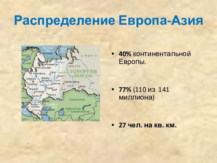 Распределение Европа-Азия 40% континентальной Европы. 77% (110 из 141 миллиона) 27 чел. на кв. км.