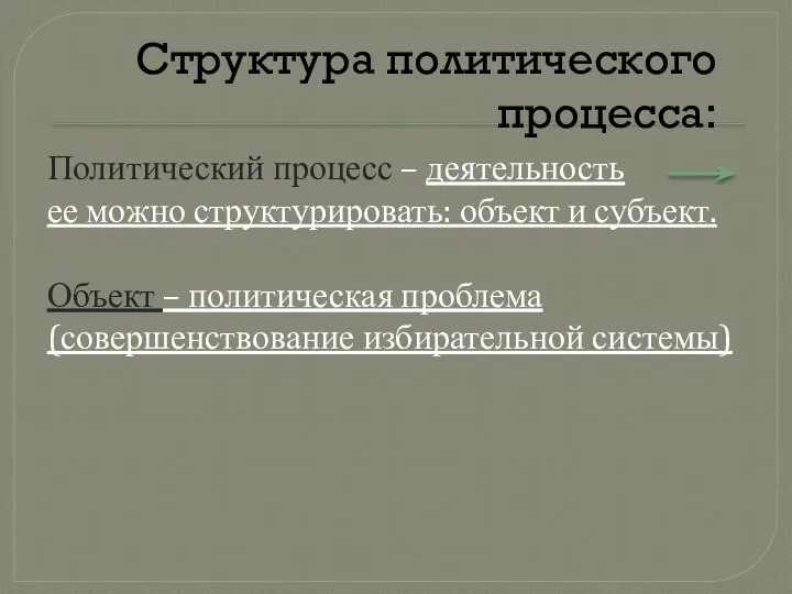 Политический процесс – деятельность ее можно структурировать: объект и субъект. Объект