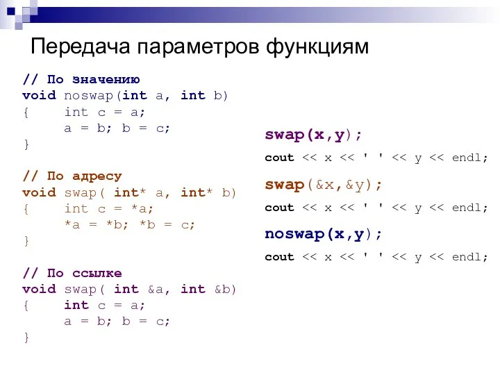 Передача параметров функциям // По значению void noswap(int a, int b)