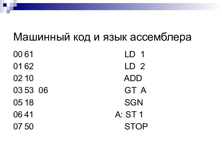 Машинный код и язык ассемблера 00 61 01 62 02 10