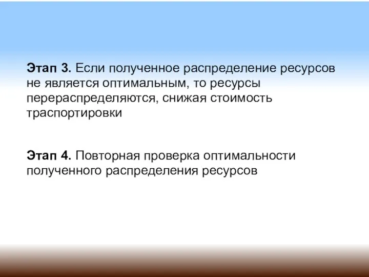 Этап 3. Если полученное распределение ресурсов не является оптимальным, то ресурсы