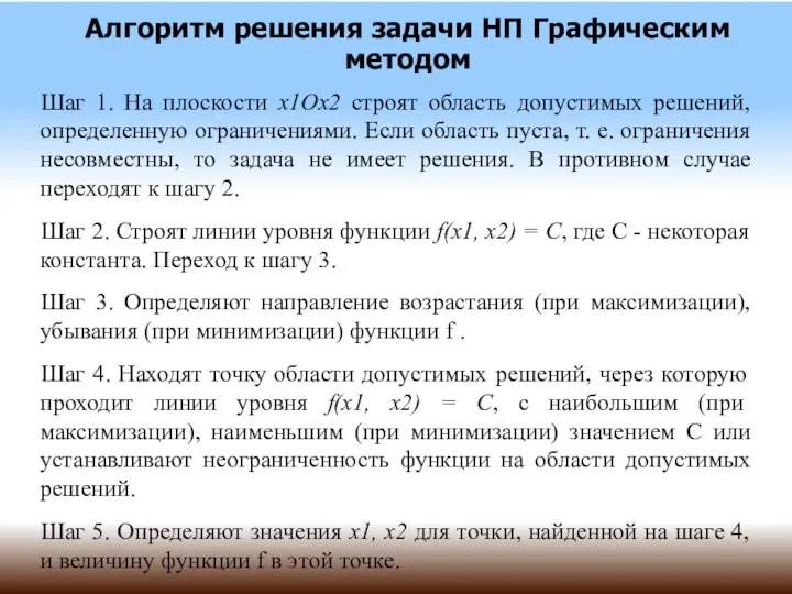 Алгоритм решения задачи НП Графическим методом Шаг 1. На плоскости х1Ох2