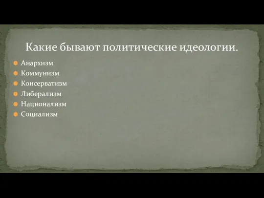 Анархизм Коммунизм Консерватизм Либерализм Национализм Социализм Какие бывают политические идеологии.
