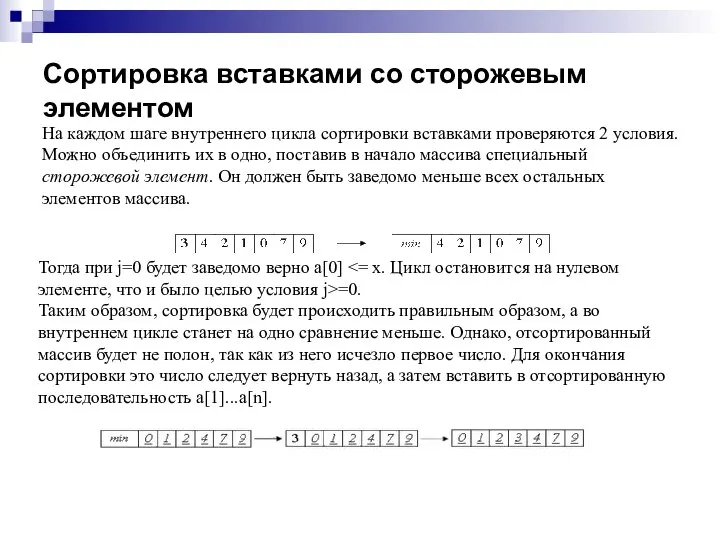 Сортировка вставками со сторожевым элементом На каждом шаге внутреннего цикла сортировки