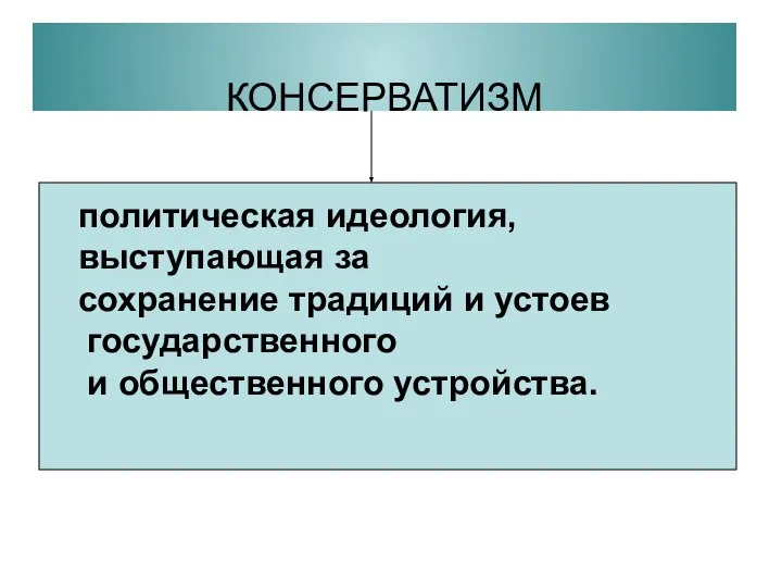 КОНСЕРВАТИЗМ политическая идеология, выступающая за сохранение традиций и устоев государственного и общественного устройства.