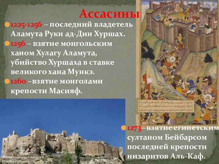 Ассасины 1225-1256 – последний владетель Аламута Рукн ад-Дин Хуршах. 1256 –