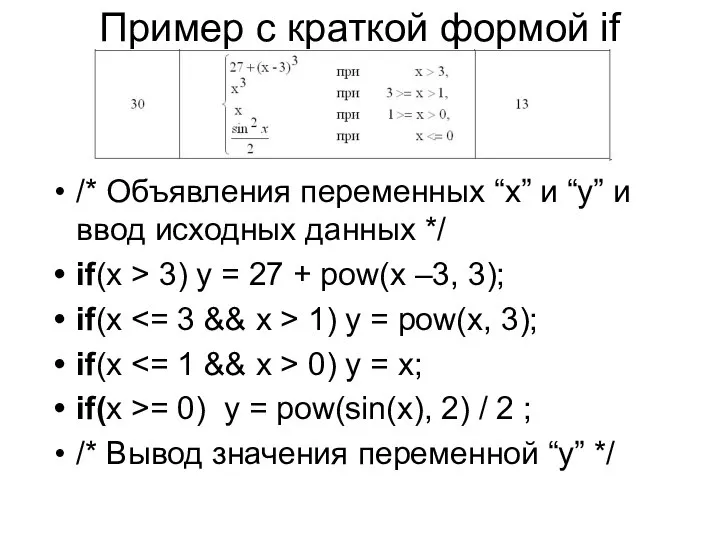 Пример с краткой формой if /* Объявления переменных “x” и “y”