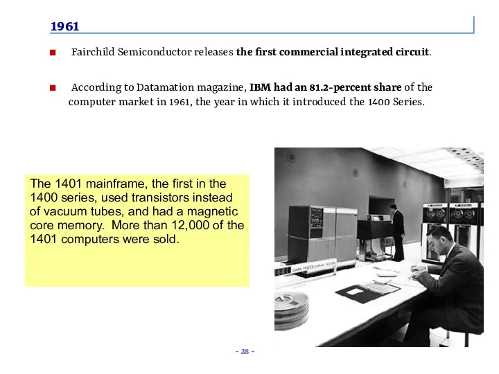 1961 Fairchild Semiconductor releases the first commercial integrated circuit. According to