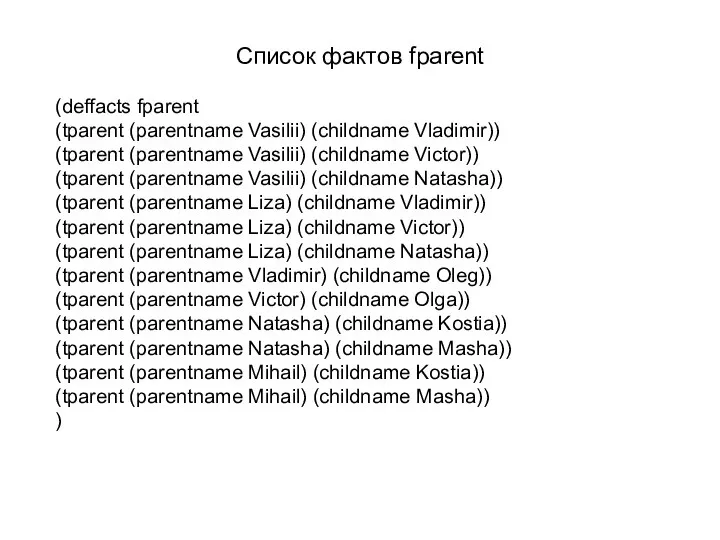 Список фактов fparent (deffacts fparent (tparent (parentname Vasilii) (childname Vladimir)) (tparent