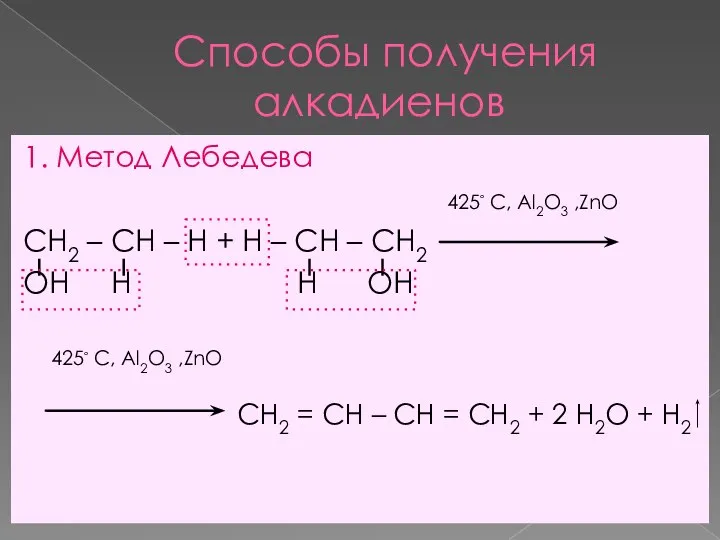 Способы получения алкадиенов 1. Метод Лебедева 425◦ С, Al2O3 ,ZnO СН2