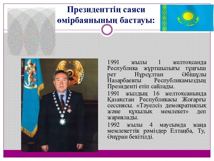 Президенттің саяси өмірбаянының бастауы: 1991 жылы 1 желтоқсанда Республика жұртшылығы тұңғыш