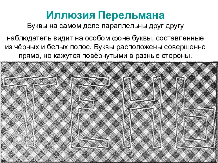 Иллюзия Перельмана Буквы на самом деле параллельны друг другу наблюдатель видит