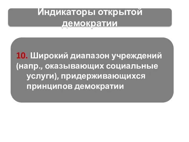 Индикаторы открытой демократии 10. Широкий диапазон учреждений (напр., оказывающих социальные услуги), придерживающихся принципов демократии